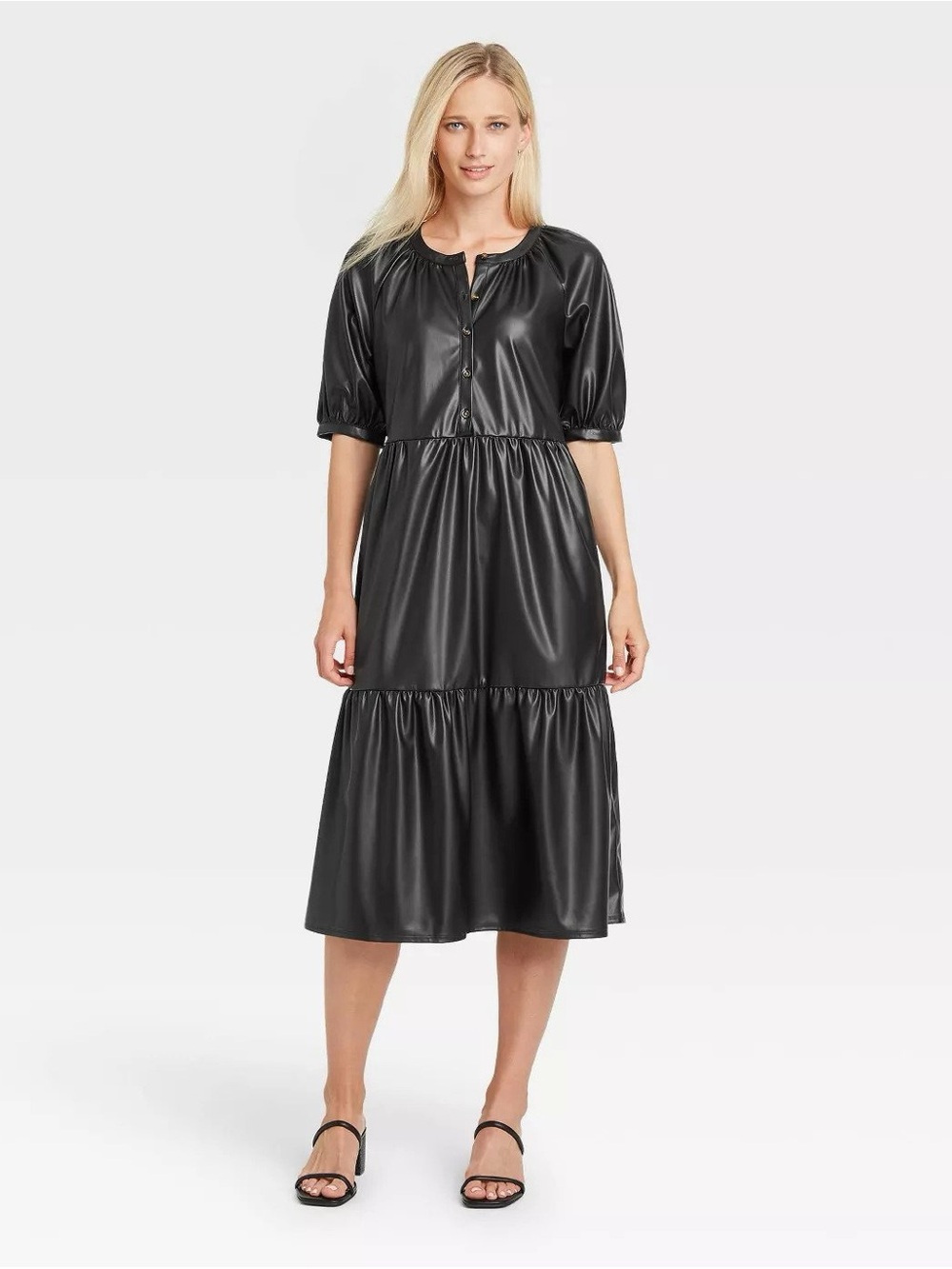Raglan Short Sleeve Trapeze Dress Black Faux Leather S